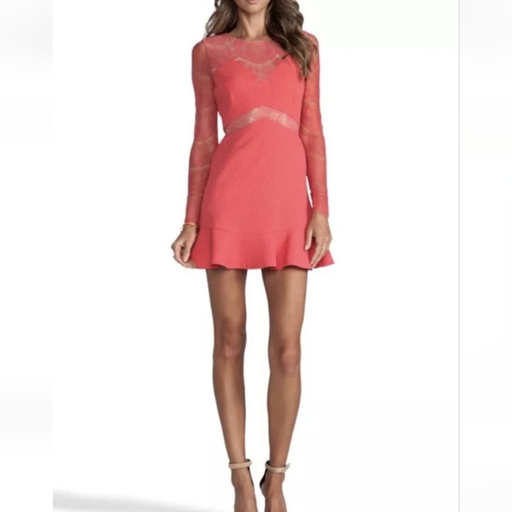 Three Floor Coral Lace Long Sleeve Mini Dress - Picture 3 of 16